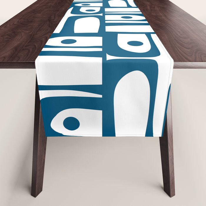 Blue and White Mid Century Modern Piquet Multi Geometric Pattern Table Runner Gallery Image 1