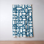 Blue and White Mid Century Modern Piquet Multi Geometric Pattern Window Curtain Gallery Image 3