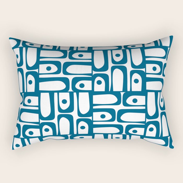 Blue and White Mid Century Modern Piquet Multi Geometric Pattern Rectangular Pillow Gallery Image 2