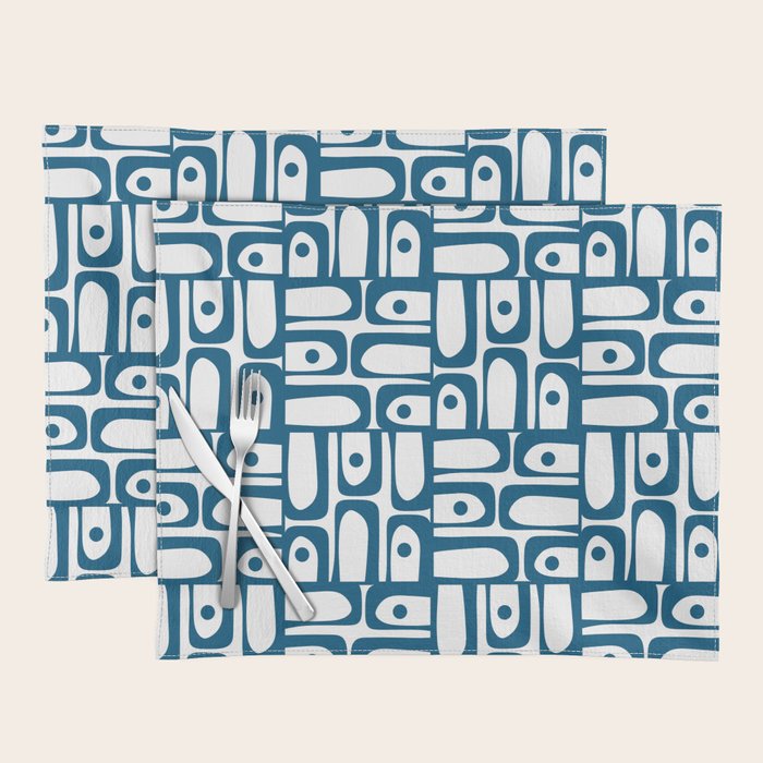 Blue and White Mid Century Modern Piquet Multi Geometric Pattern Placemat Gallery Image 1