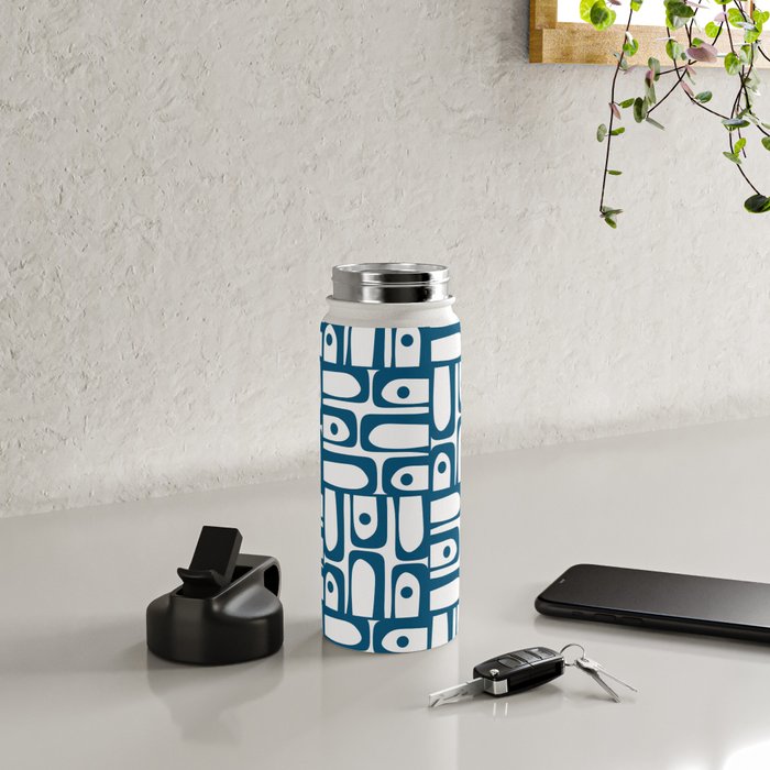 Blue and White Mid Century Modern Piquet Multi Geometric Pattern Water Bottle Gallery Image 4