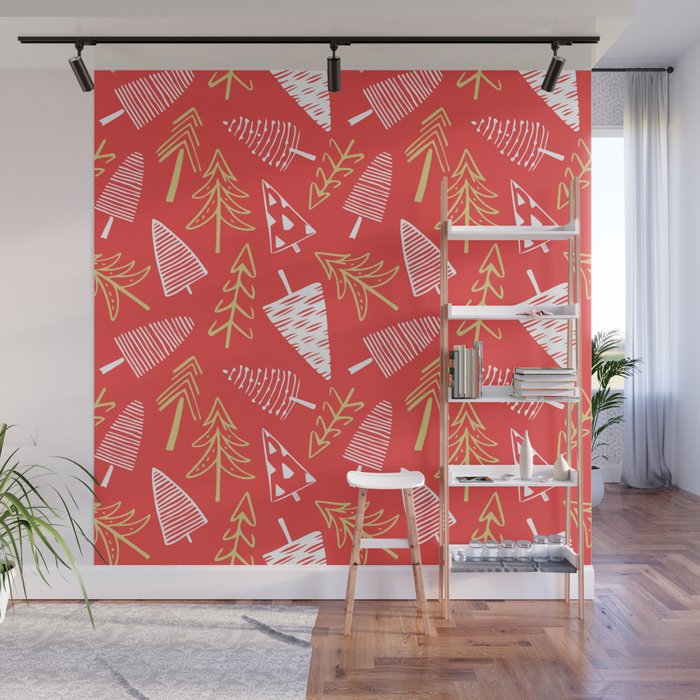 Christmas pine tree doodle art pattern Wall Mural Gallery Image 1