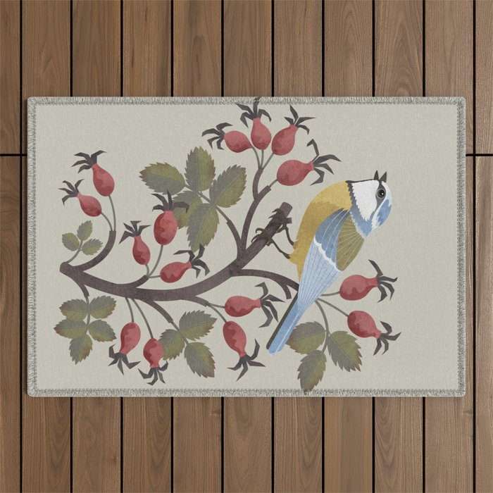 Blue Tit on Red Rose Hips Outdoor Rug Gallery Image 1