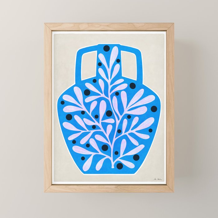 Mediterramean blue vase and leaves Mini Art Print Gallery Image 1