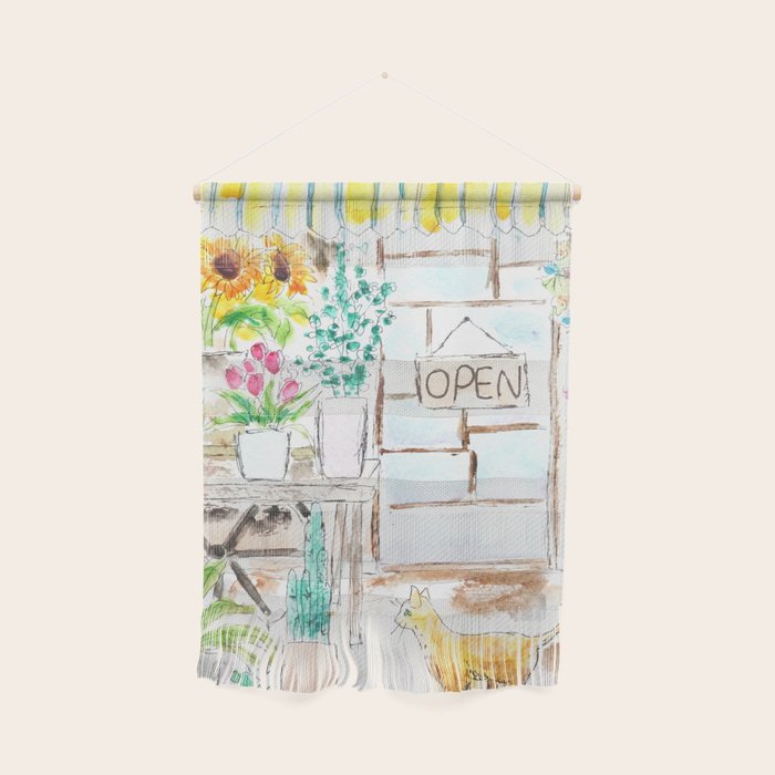 cheerful flower shop and a cat watercolor  Wall Hanging Gallery Image 1