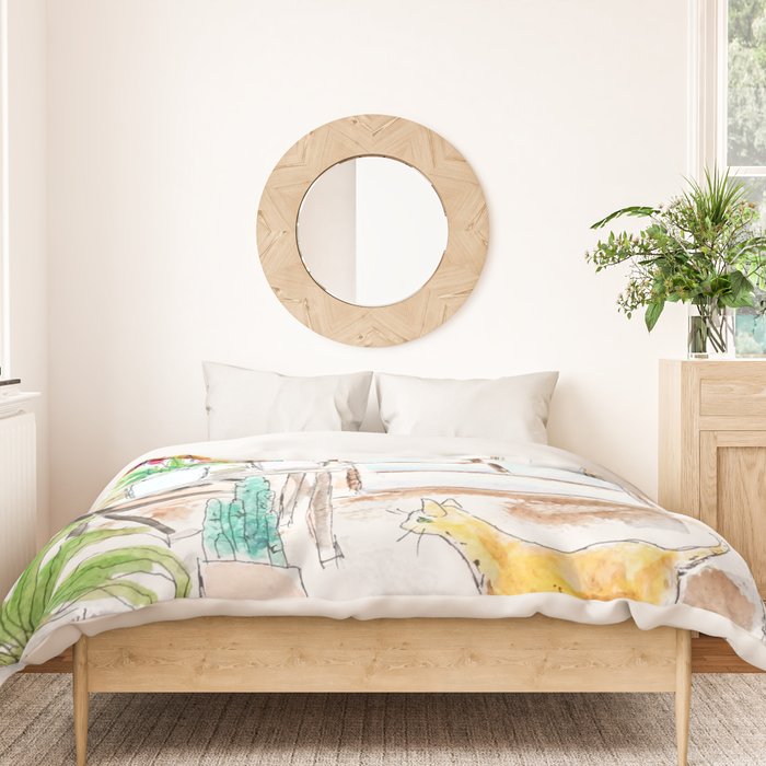 cheerful flower shop and a cat watercolor  Duvet Cover Gallery Image 3