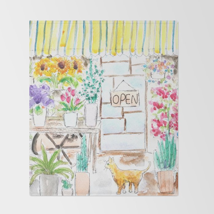 cheerful flower shop and a cat watercolor  Throw Blanket Gallery Image 2