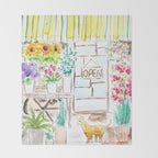 cheerful flower shop and a cat watercolor  Throw Blanket Gallery Image 2