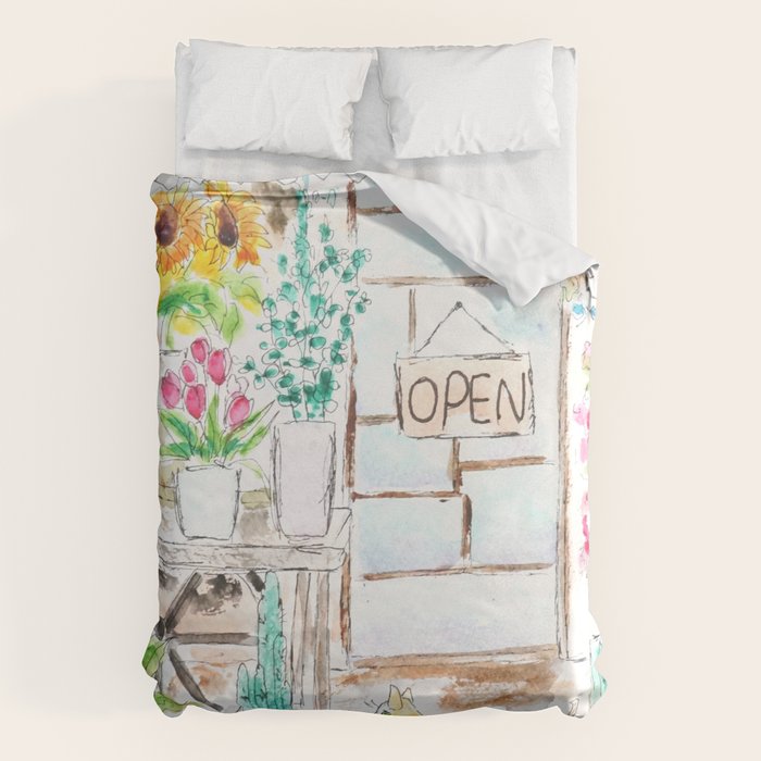 cheerful flower shop and a cat watercolor  Duvet Cover Gallery Image 6