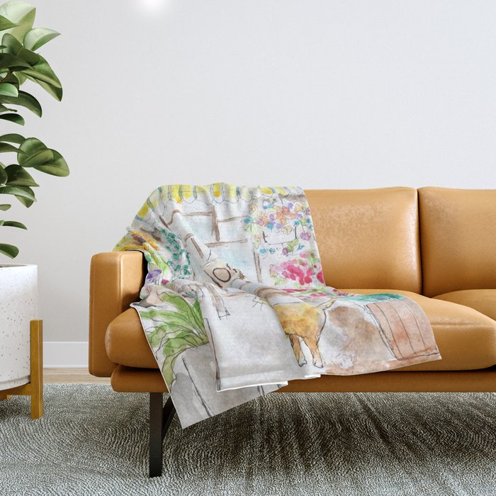 cheerful flower shop and a cat watercolor  Throw Blanket Gallery Image 1