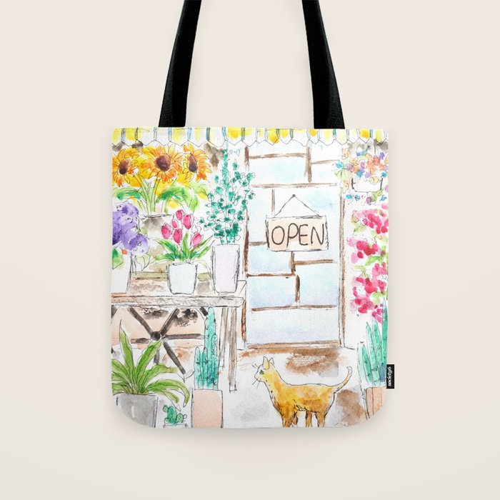 cheerful flower shop and a cat watercolor  Tote Bag Gallery Image 1