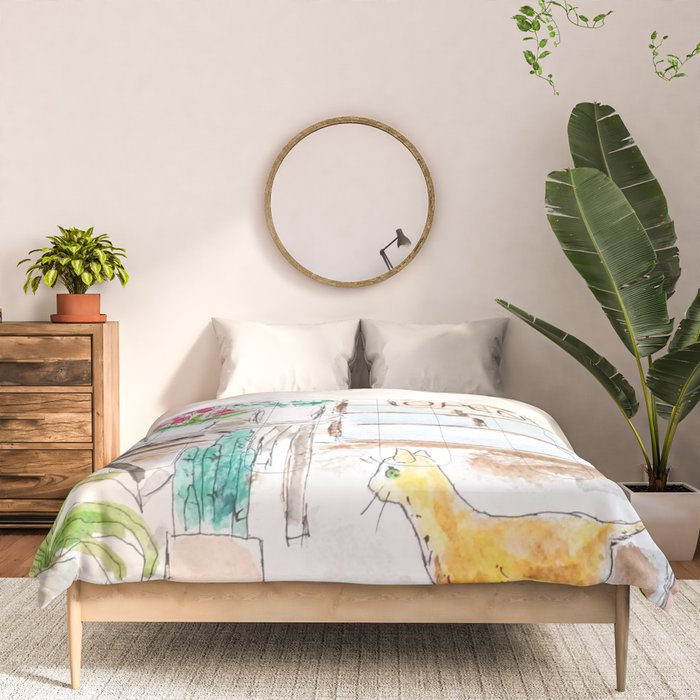cheerful flower shop and a cat watercolor  Comforter Gallery Image 3