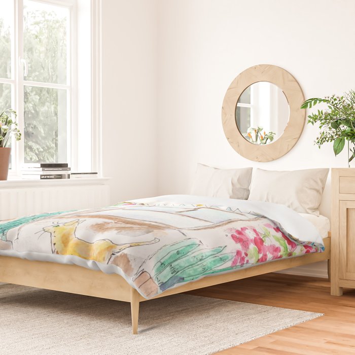 cheerful flower shop and a cat watercolor  Duvet Cover Gallery Image 2
