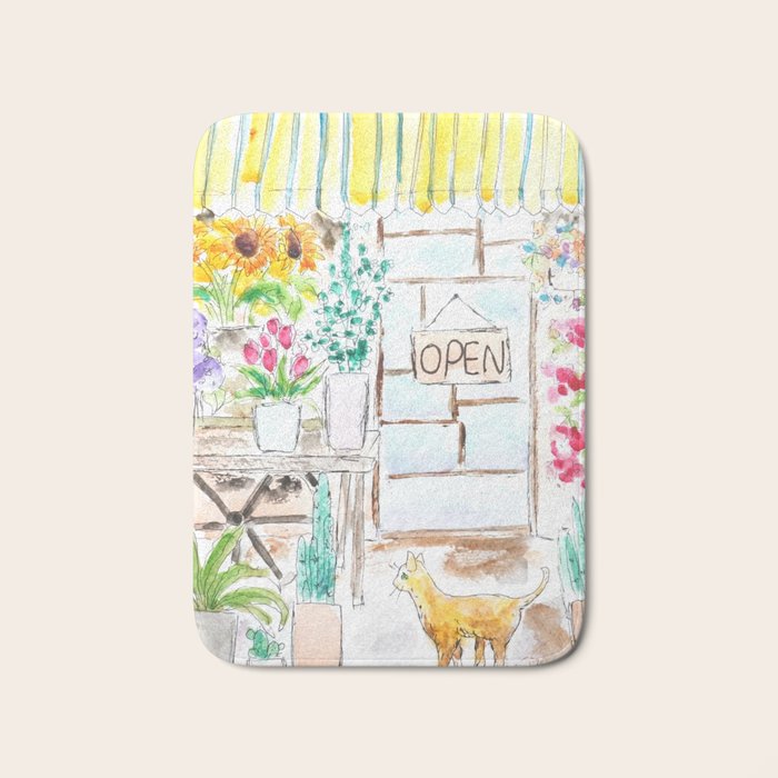 cheerful flower shop and a cat watercolor  Bath Mat Gallery Image 1