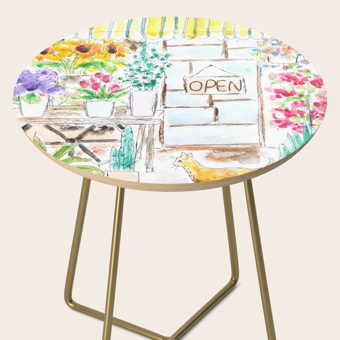 cheerful flower shop and a cat watercolor  Side Table Gallery Image 2