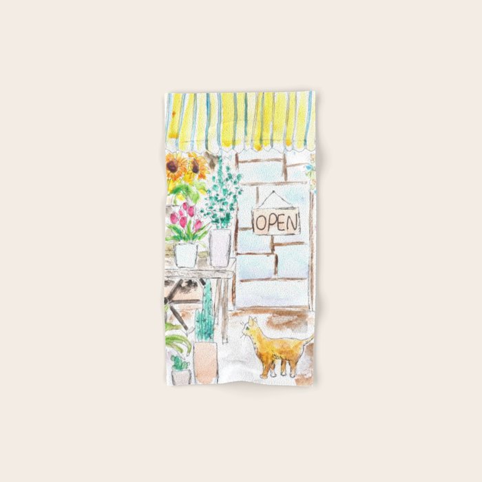 cheerful flower shop and a cat watercolor  Bath Towel Gallery Image 1