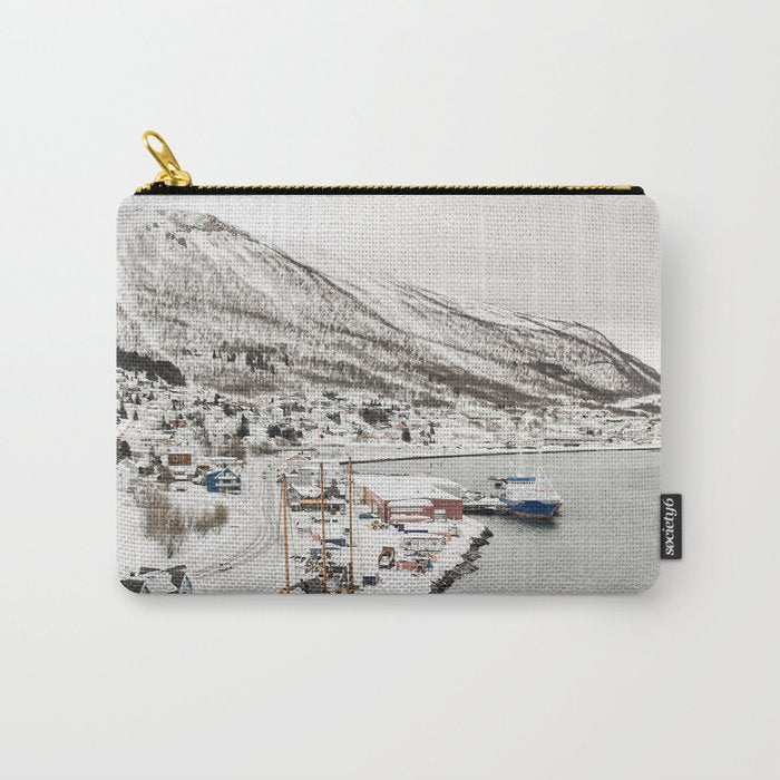 Harbor In Norway Snow Photo | Winter In Norway Boats And Mountains Art Print | Travel Photography Carry All Pouch Gallery Image 1
