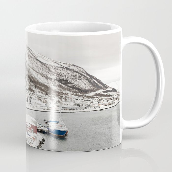 Harbor In Norway Snow Photo | Winter In Norway Boats And Mountains Art Print | Travel Photography Coffee Mug Gallery Image 1