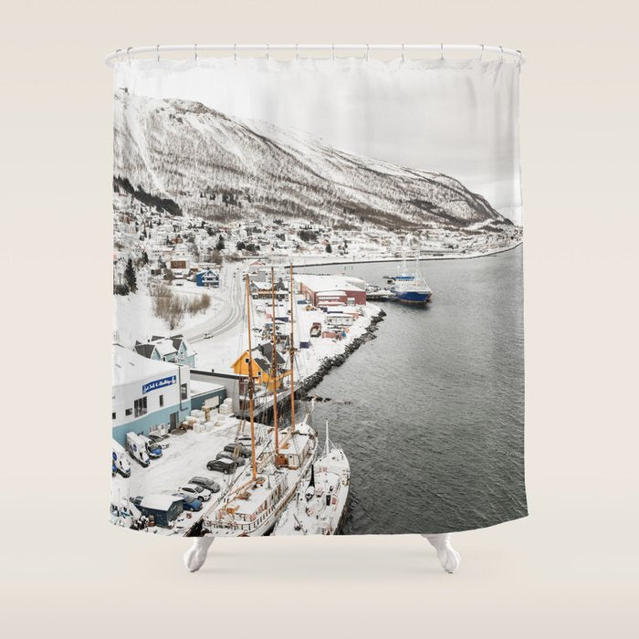 Harbor In Norway Snow Photo | Winter In Norway Boats And Mountains Art Print | Travel Photography Shower Curtain Gallery Image 1