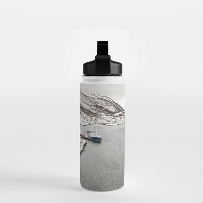 Harbor In Norway Snow Photo | Winter In Norway Boats And Mountains Art Print | Travel Photography Water Bottle Gallery Image 2