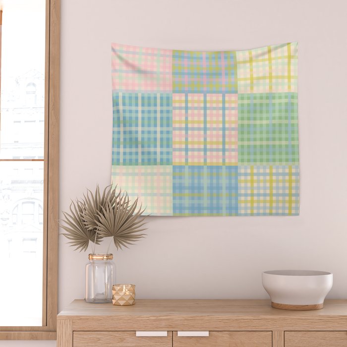 Gingham Patchwork Pastel Checkered Pattern Wall Tapestry Gallery Image 2