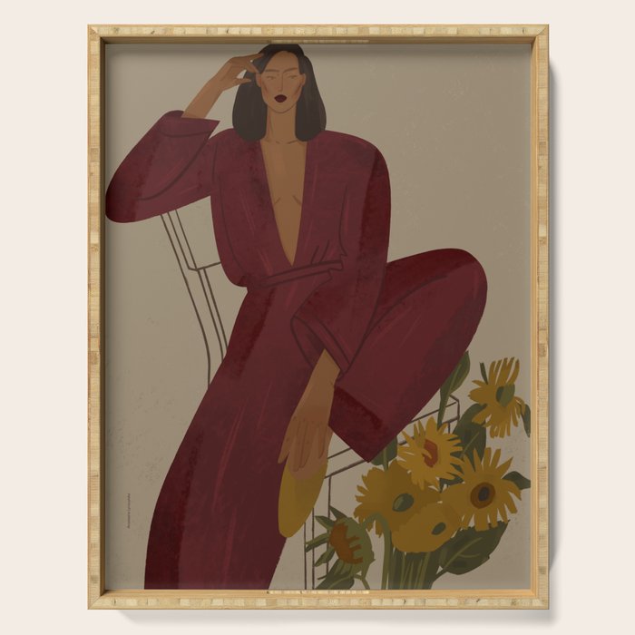  portrait of a fragile woman in a red suit with sunflowers Serving Tray Gallery Image 1