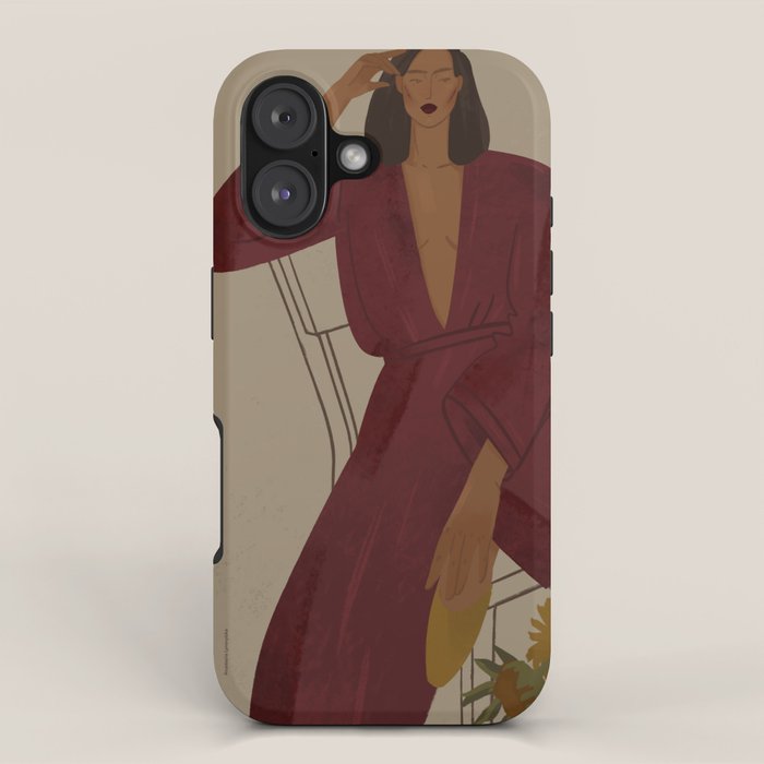  portrait of a fragile woman in a red suit with sunflowers iPhone Case Gallery Image 1