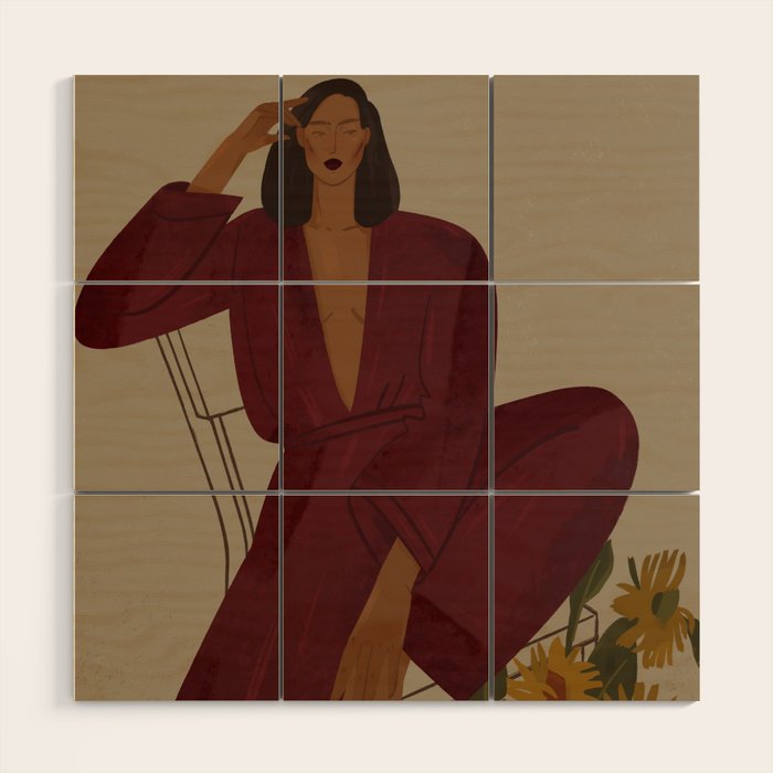 portrait of a fragile woman in a red suit with sunflowers Wood Wall Art Gallery Image 1