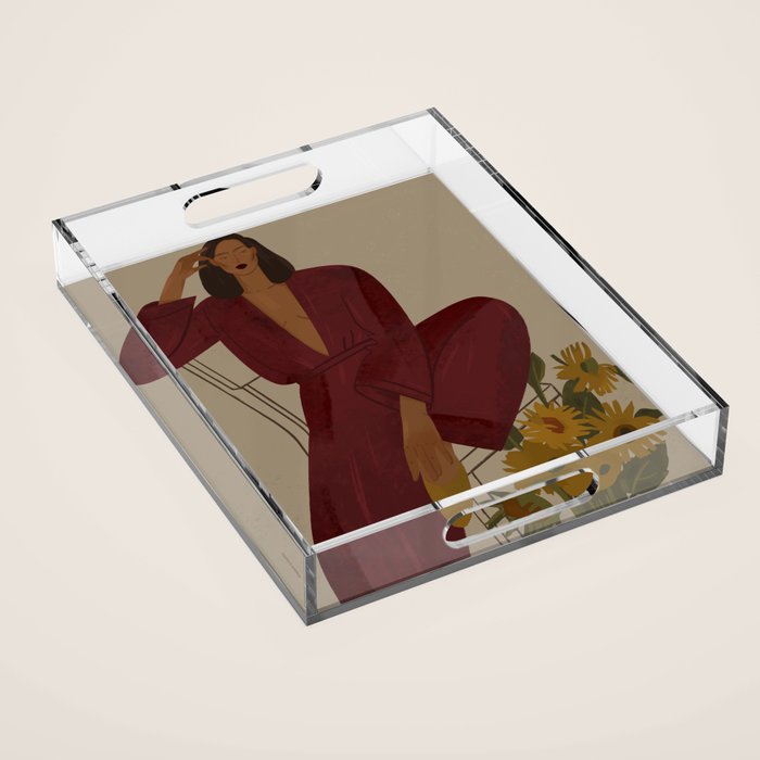  portrait of a fragile woman in a red suit with sunflowers Acrylic Tray Gallery Image 1
