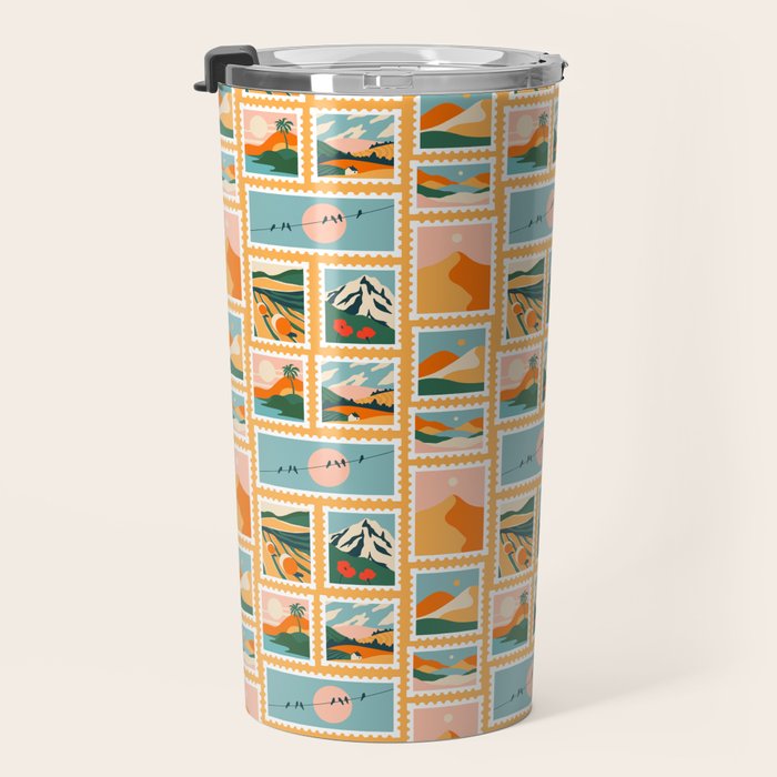 Vintage nature landscape post card stamp pattern Travel Mug Gallery Image 3
