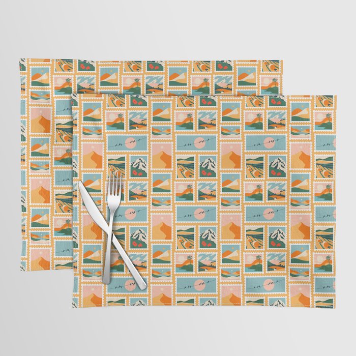 Vintage nature landscape post card stamp pattern Placemat Gallery Image 1