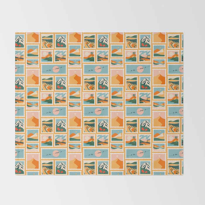 Vintage nature landscape post card stamp pattern Throw Blanket Gallery Image 2