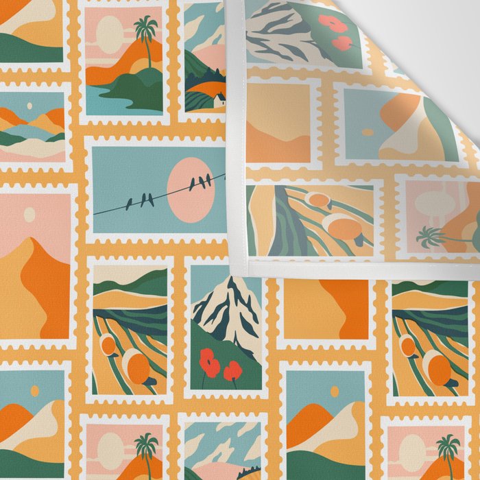 Vintage nature landscape post card stamp pattern Wall Tapestry Gallery Image 3