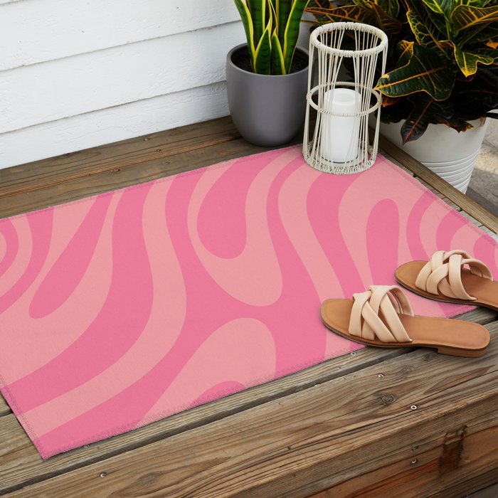 Retro Abstract Wavy Loops Pattern in Pretty Pink Outdoor Rug Gallery Image 2