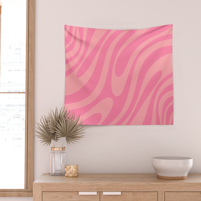 Retro Abstract Wavy Loops Pattern in Pretty Pink Wall Tapestry Gallery Image 2