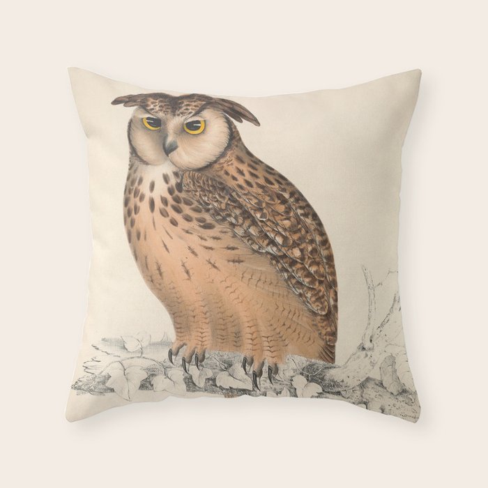 Rock eagle-owl by Elizabeth Gould from "A Century of Birds from the Himalaya Mountains," 1831 Throw Pillow Gallery Image 1