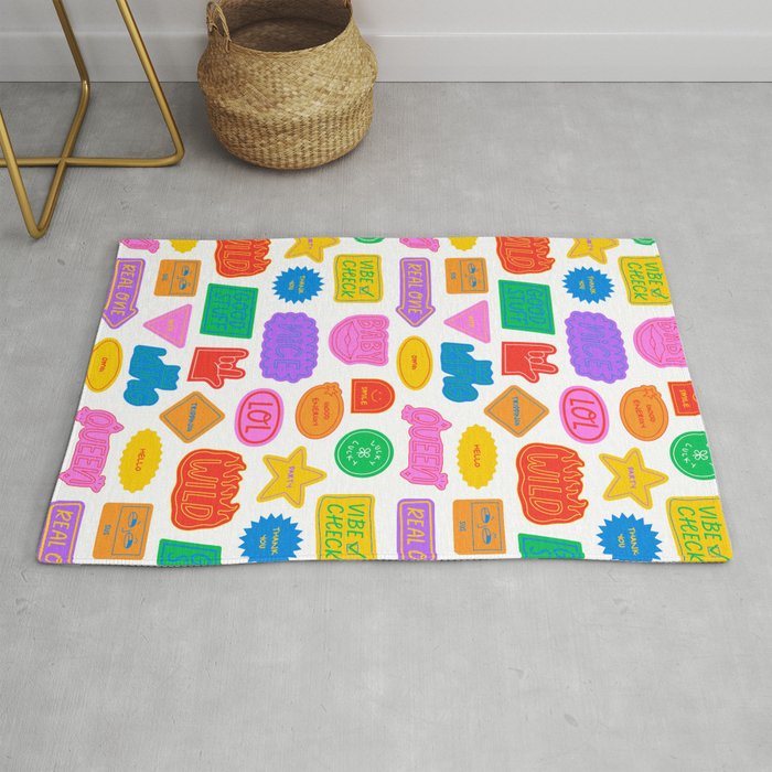Fun retro sticker quote cartoon pattern Rug Gallery Image 1