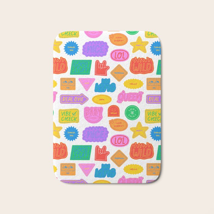 Fun retro sticker quote cartoon pattern Bath Mat Gallery Image 1