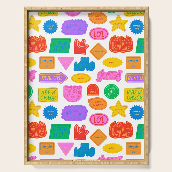 Fun retro sticker quote cartoon pattern Serving Tray Gallery Image 1