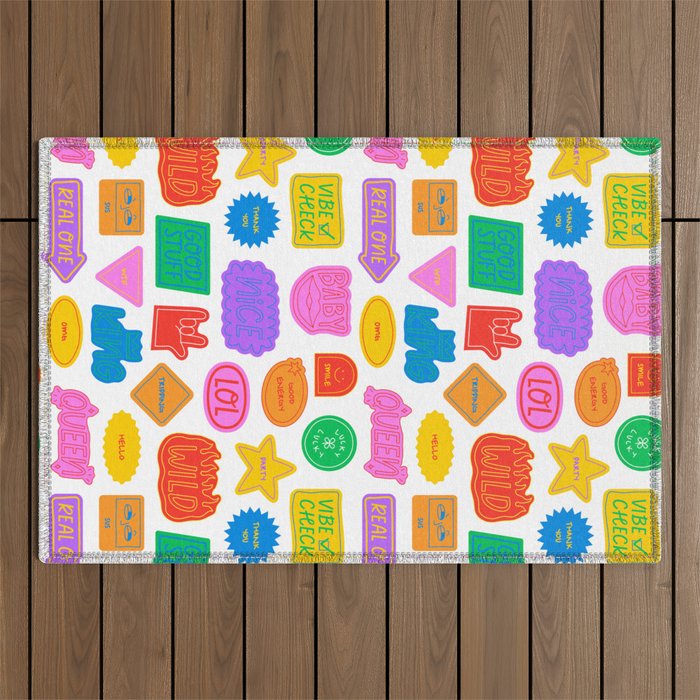 Fun retro sticker quote cartoon pattern Outdoor Rug Gallery Image 1