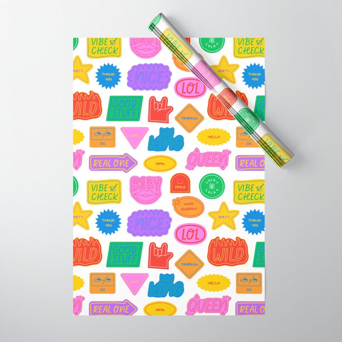 Fun retro sticker quote cartoon pattern Wrapping Paper Gallery Image 1