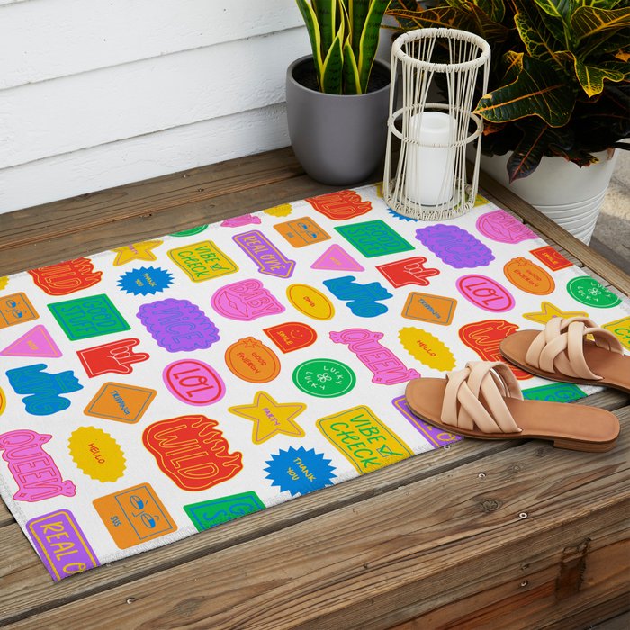 Fun retro sticker quote cartoon pattern Outdoor Rug Gallery Image 2