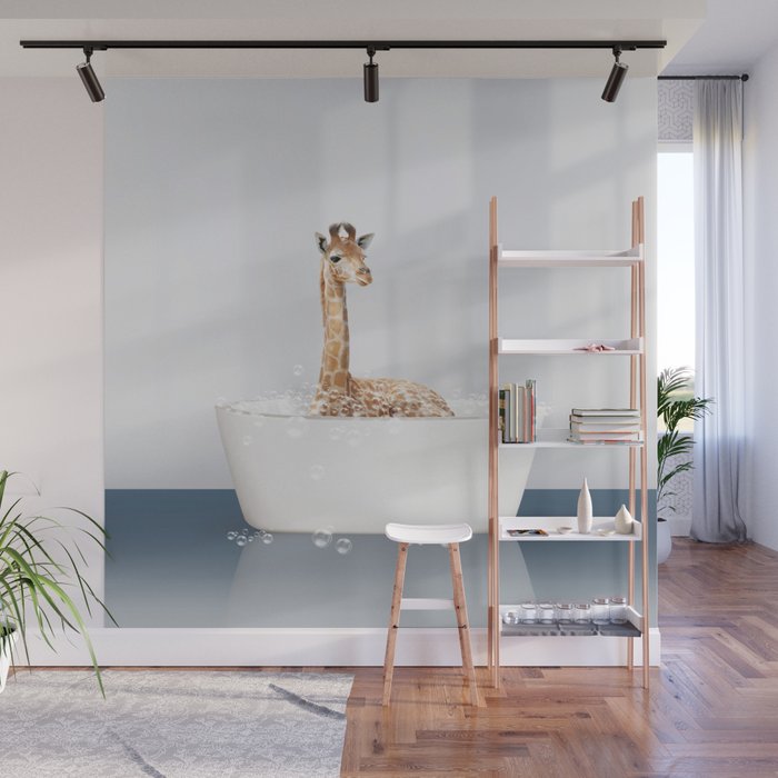 Baby Giraffe in a Bathtub Blue BG, Giraffe Taking a Bath, Bathtub Animal Art Print By Synplus Wall Mural Gallery Image 1