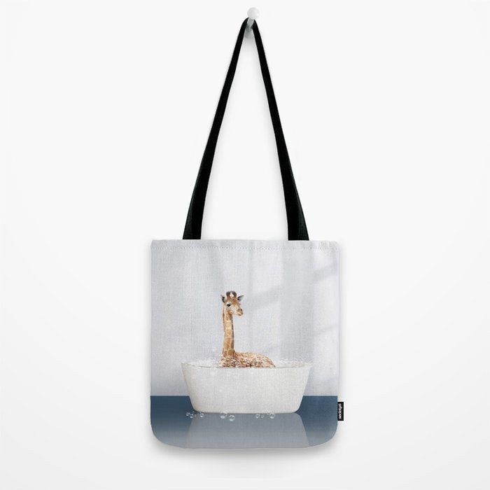 Baby Giraffe in a Bathtub Blue BG, Giraffe Taking a Bath, Bathtub Animal Art Print By Synplus Tote Bag Gallery Image 2