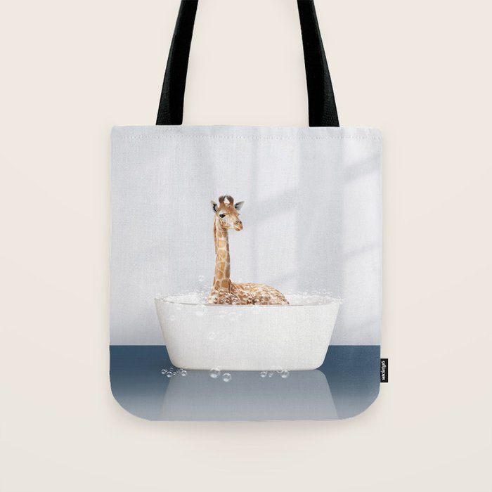 Baby Giraffe in a Bathtub Blue BG, Giraffe Taking a Bath, Bathtub Animal Art Print By Synplus Tote Bag Gallery Image 1