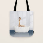 Baby Giraffe in a Bathtub Blue BG, Giraffe Taking a Bath, Bathtub Animal Art Print By Synplus Tote Bag Gallery Image 1
