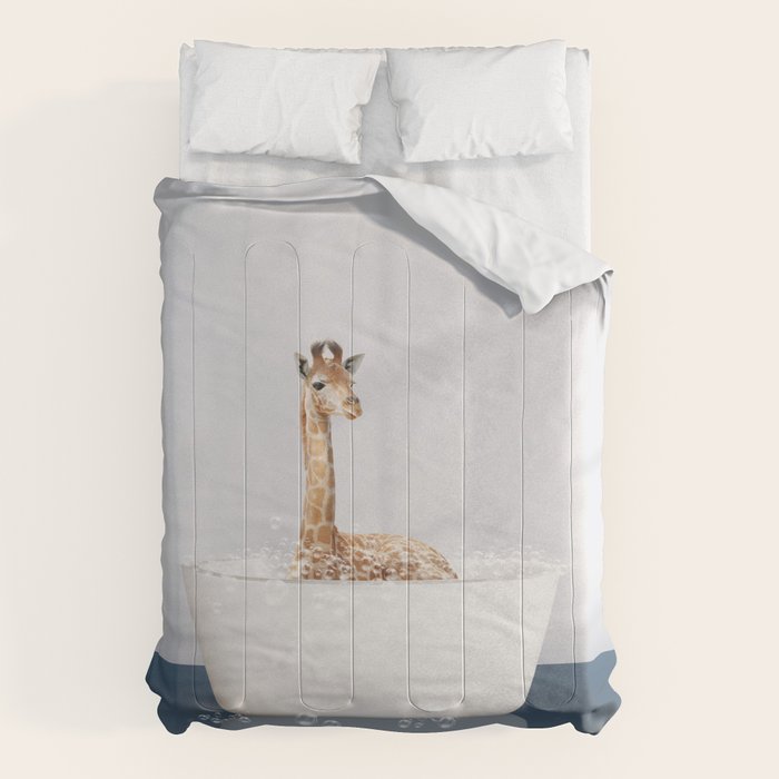 Baby Giraffe in a Bathtub Blue BG, Giraffe Taking a Bath, Bathtub Animal Art Print By Synplus Comforter Gallery Image 6