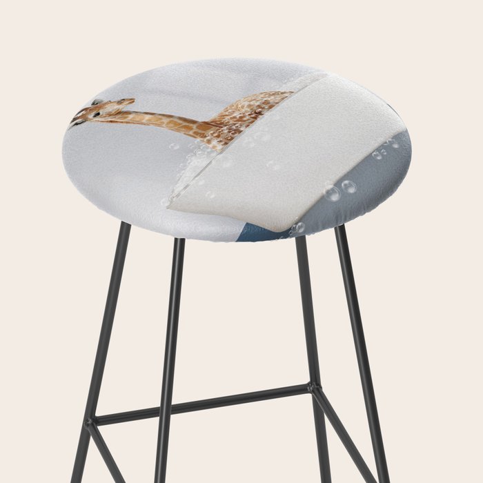 Baby Giraffe in a Bathtub Blue BG, Giraffe Taking a Bath, Bathtub Animal Art Print By Synplus Stool Gallery Image 2