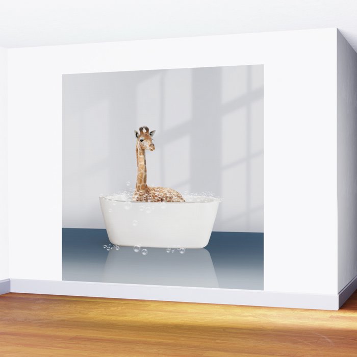 Baby Giraffe in a Bathtub Blue BG, Giraffe Taking a Bath, Bathtub Animal Art Print By Synplus Wall Mural Gallery Image 2