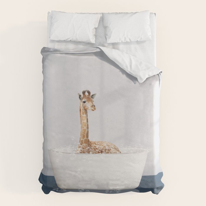 Baby Giraffe in a Bathtub Blue BG, Giraffe Taking a Bath, Bathtub Animal Art Print By Synplus Duvet Cover Gallery Image 6